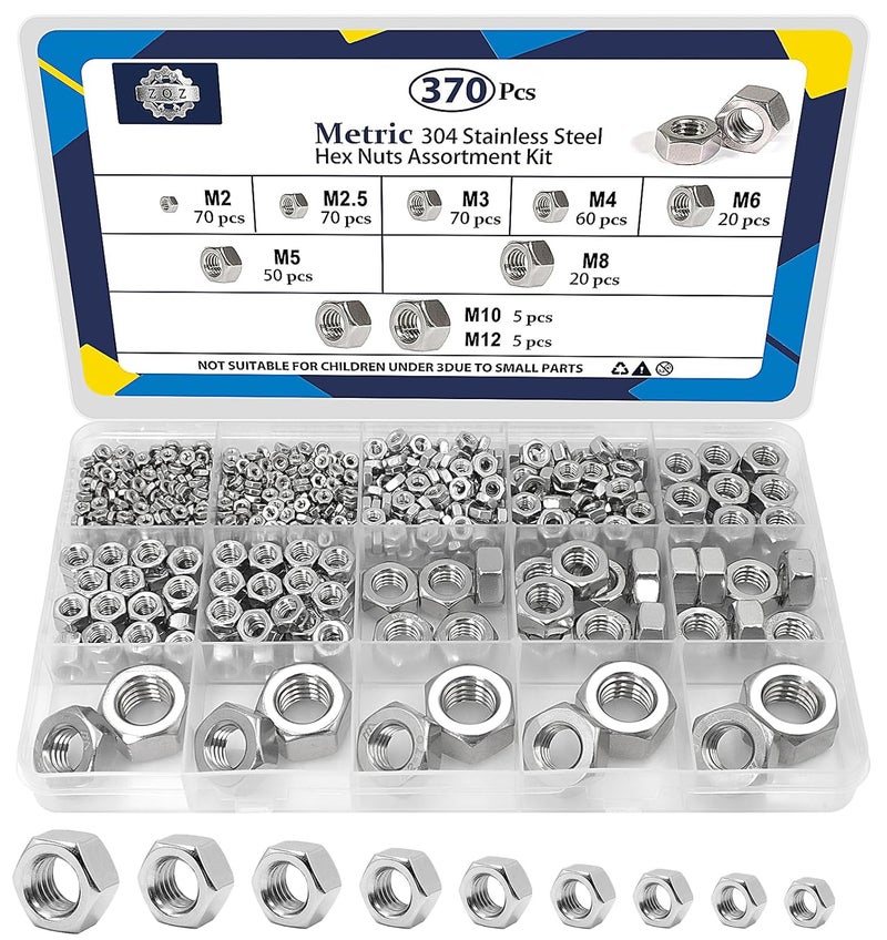 ZQZ 370 PCS Metric Hex Nuts Assortment Kit,M2 M2.5 M3 M4 M5 M6 M8 M10 M12 Stainless Assorted Hex Nuts Set (A) - Image 1